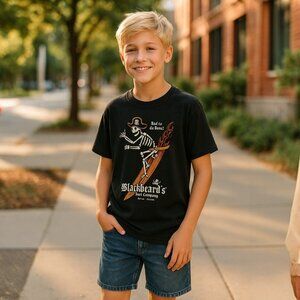 VTG BLACKBEARDS SURF Skeleton Pirate Surfer Short Sleeve Graphic Tee M 8 10